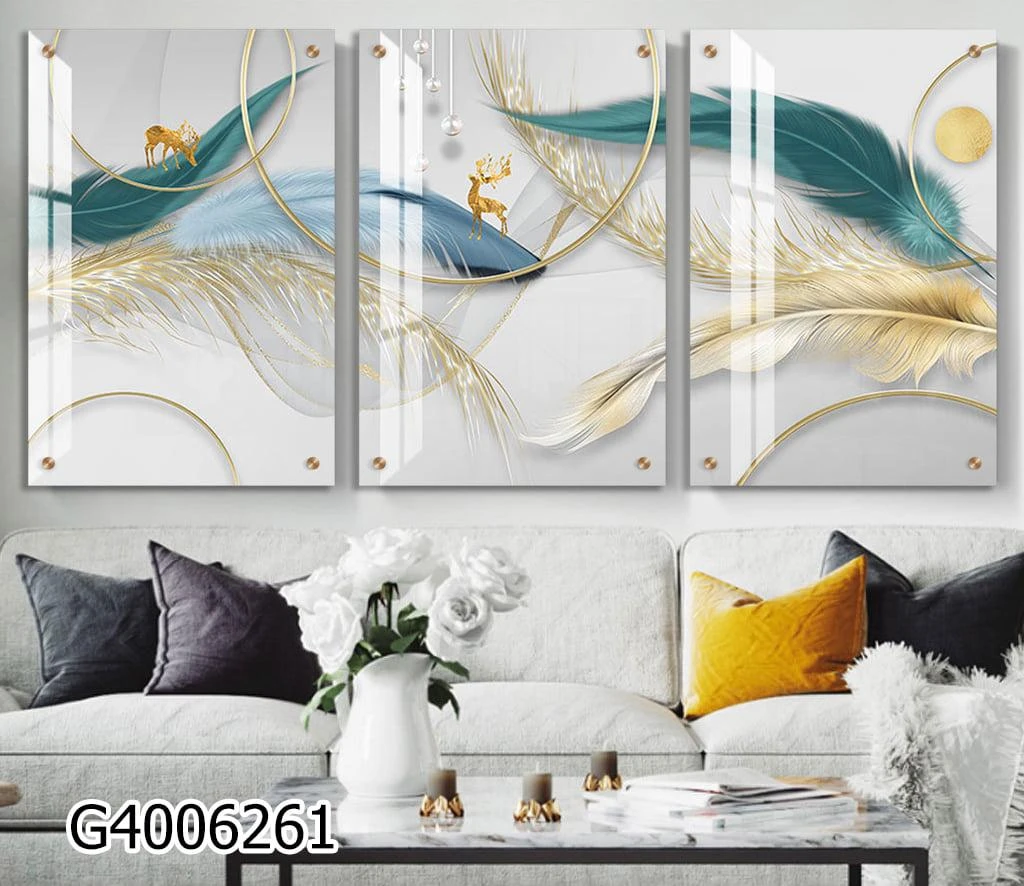 הסט היוקרתי - שלישיית תמונות זכוכית של נוצות ואילים לסלון או לפינת אוכל דגם G4006261