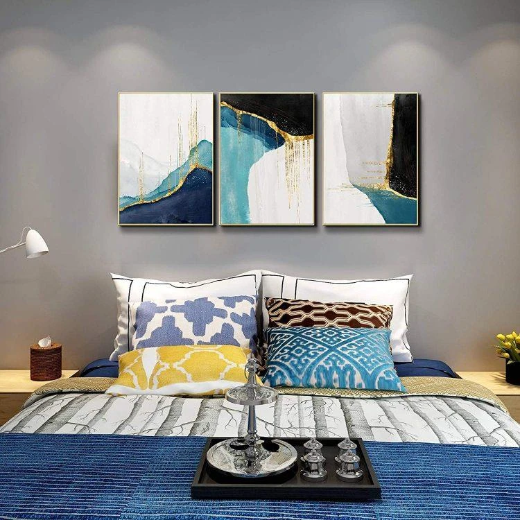 סט 3 ציורי שמן בעבודת יד - מסגרת  מוזהבת - ציור אבסטרקטי על קנבס