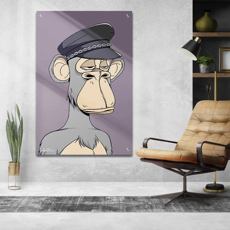 קוף בריטי מפורסם תמונת זכוכית לסלון בגווני סגול, אפור, חום הדפסה על זכוכית בעלי חיים - דגם alvtm46p2730