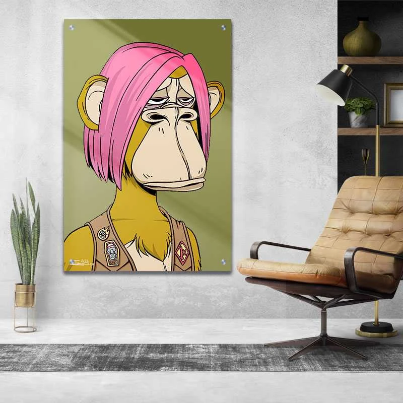 קוף שומר הגבולות תמונת זכוכית לסלון בגווני זהב, ורוד, חום הדפסה על זכוכית בעלי חיים - דגם alvtm46p2738