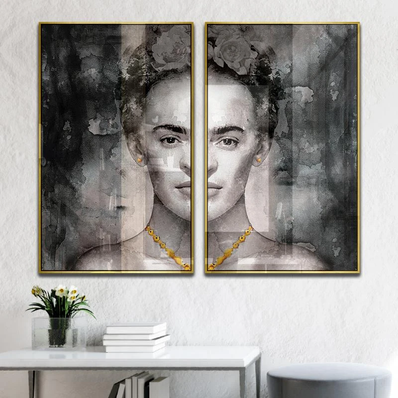 פנים אמיתיות – פרידה קאלו זוג ציורים יפים על קנבס בצבע אפור לתלייה על קיר סלוןחדרפינת אוכל דגם 1122111