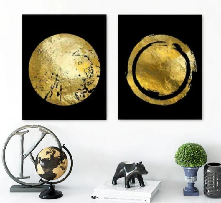ירח מוזהב זוג תמונות מעוצבות על קנבס בגווני שחור זהב למשרד לסלון דגם E10022-1