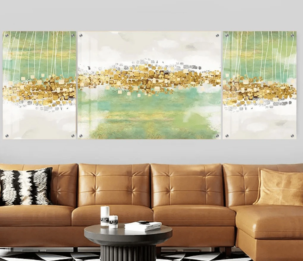 טרנדי: 3 תמונות זכוכית אבסטרקט טהרן II בגווני ירוק, זהב, אפור לסלון - דגם g23932673