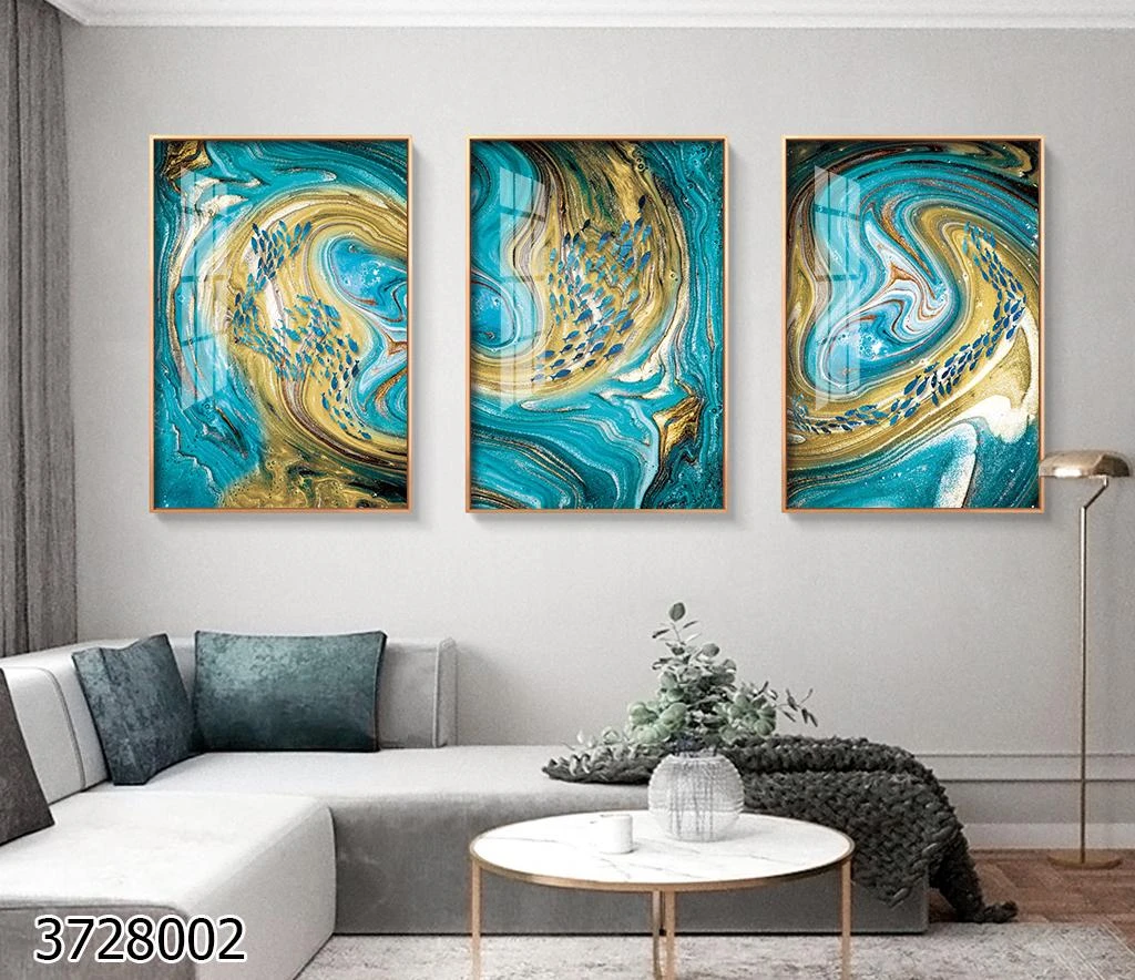 Blue Ocean סט בגווני זהב וכחול תמונות זכוכית אבסטרקט של חוף ים לתלייה בחדר שינה או סלון דגם 3728002