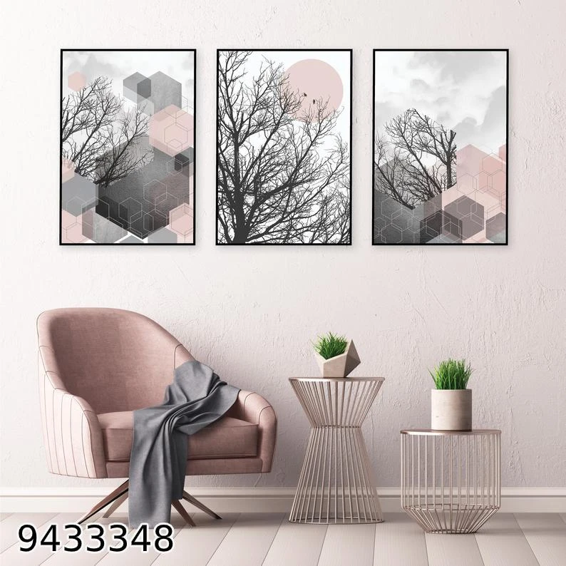 סט 3 תמונות קנבס גאומטריות לקליניקה בצבעי ורוד אפור דגם 9433348