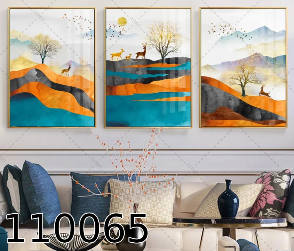 טריפל סט תמונות קנבס נוף צבעוני בגווני טורקיז וכתום לתלייה בסלון דגם 110065