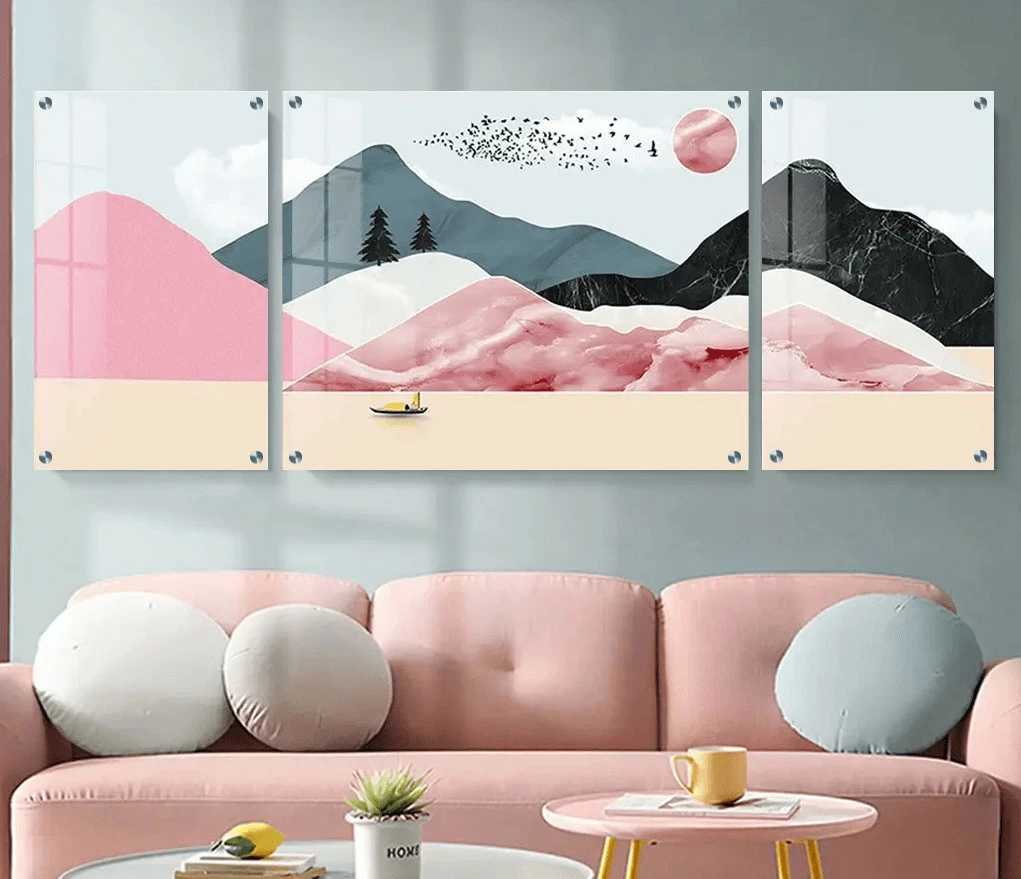 טרנדי: 3 תמונות זכוכית נוף ורוד בגווני ורוד, שמנת, אפור, שחור לקליניקה - דגם g23701409