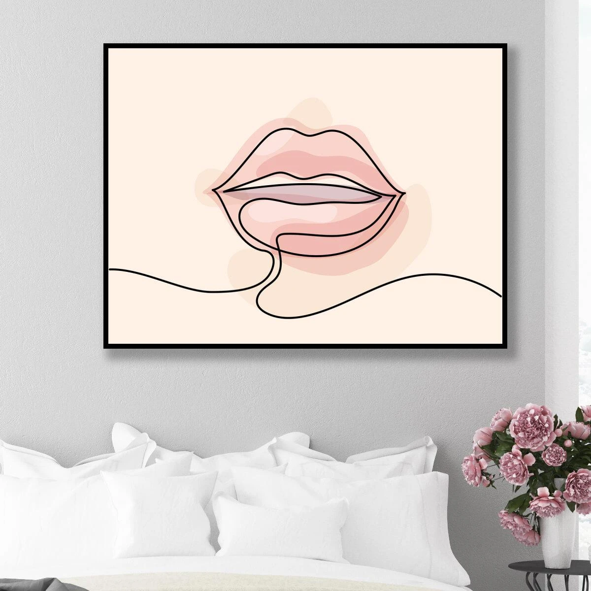 תמונות קו של שפתיים מודרניות הדפסה על קנבס או זכוכית לחדר נוער בנות לחדר שינה או לסלון דגם 3728146