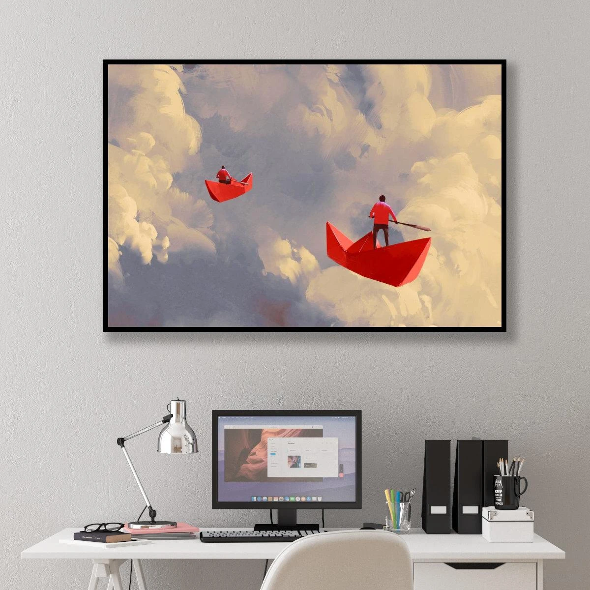 לשוט בעננים - תמונת השראה סוריאליסטית על הבלתי אפשרי תמונות מקנבס או מזכוכית למשרדים מעוצבים או לחדר שינה דגם 3728394