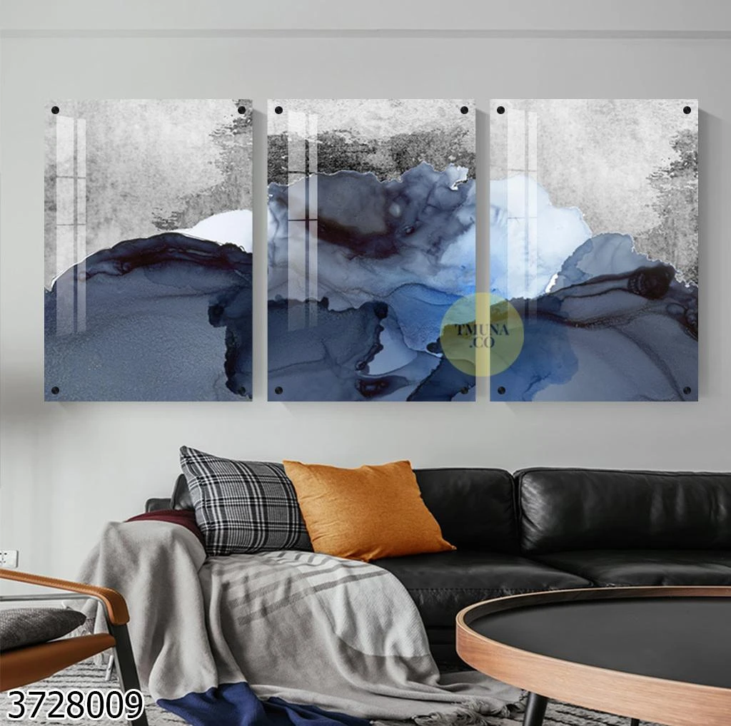 טריפל תמונות זכוכית בסגנון אבסטרקטי בגווני כחול ואפור לתלייה בסלון או לובי או משרד דגם 3728009