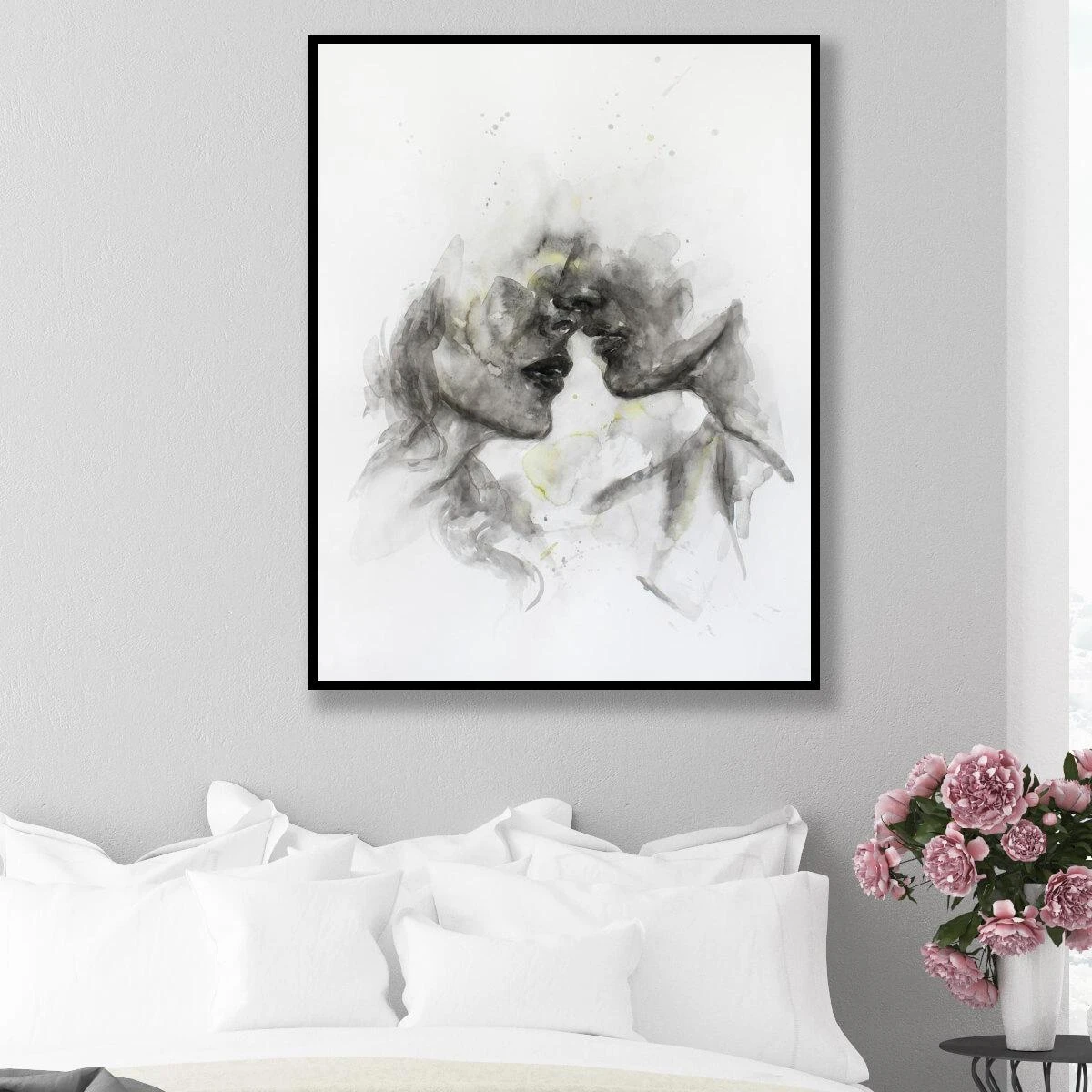 תמונה של זוג - ציור רומנטי בשחור לבן לחדר שינה על קנבס או זכוכית דגם 3728157