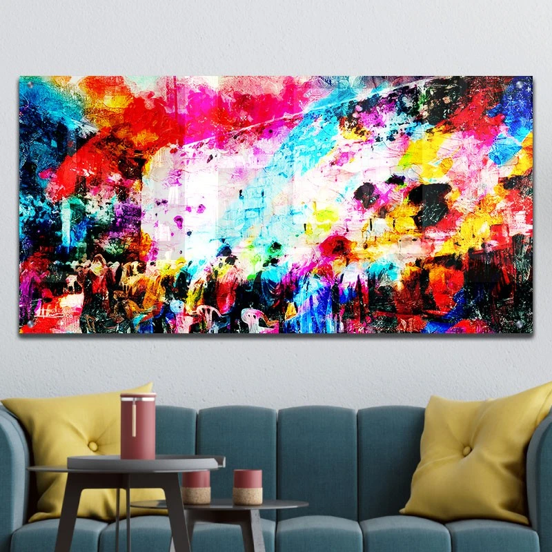 תמונת זכוכית של הכותל ירושלים לסלון כותל מריחות צבע תמונת אמנות פופולארית על זכוכית בגווני צבעוני,אדום, טורקיז - דגם galvtm46p2663