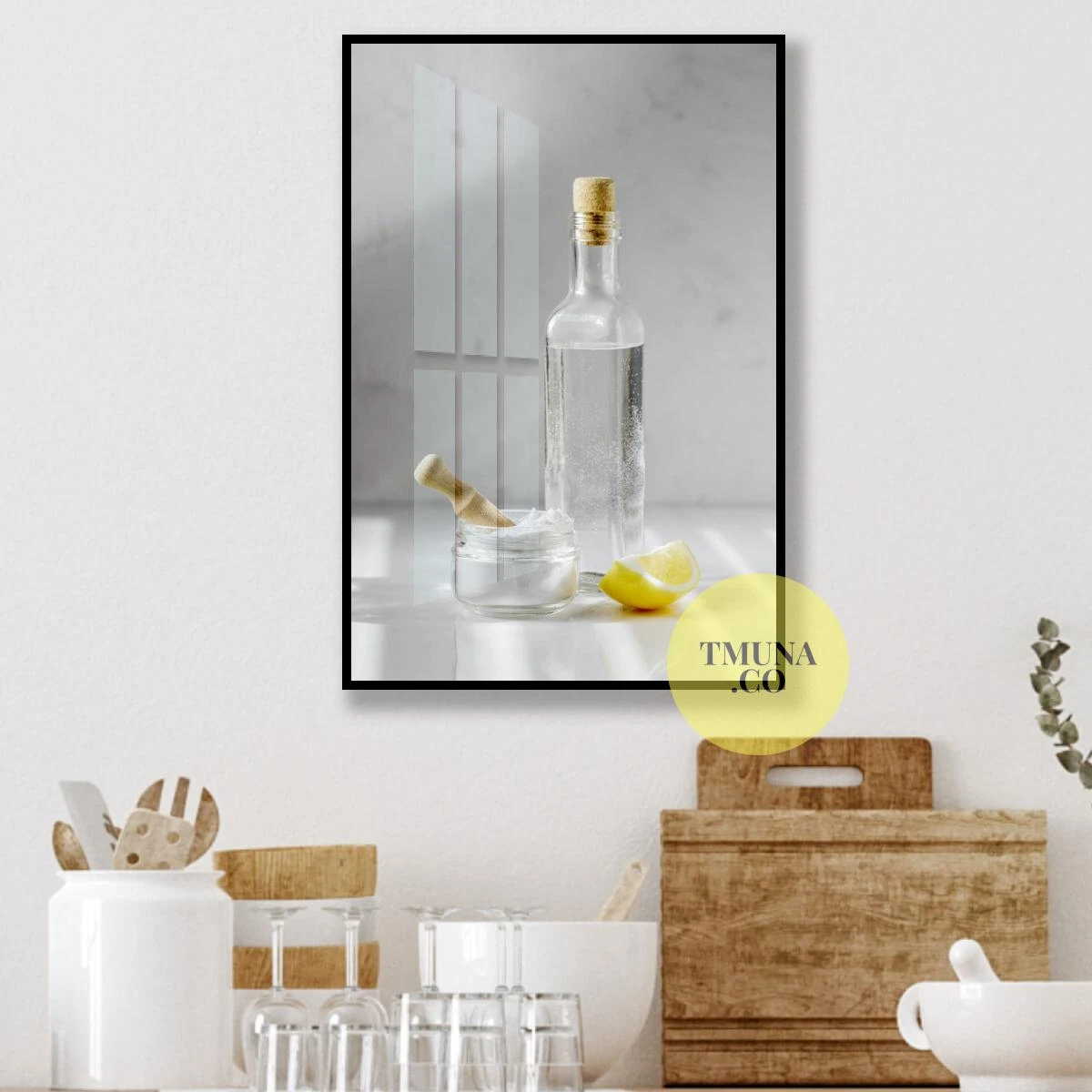 לימונים ובקבוקים - צילום מודרני בהדפסה על קנבס או זכוכית לתלייה במלונות ומטבח דגם 3728706