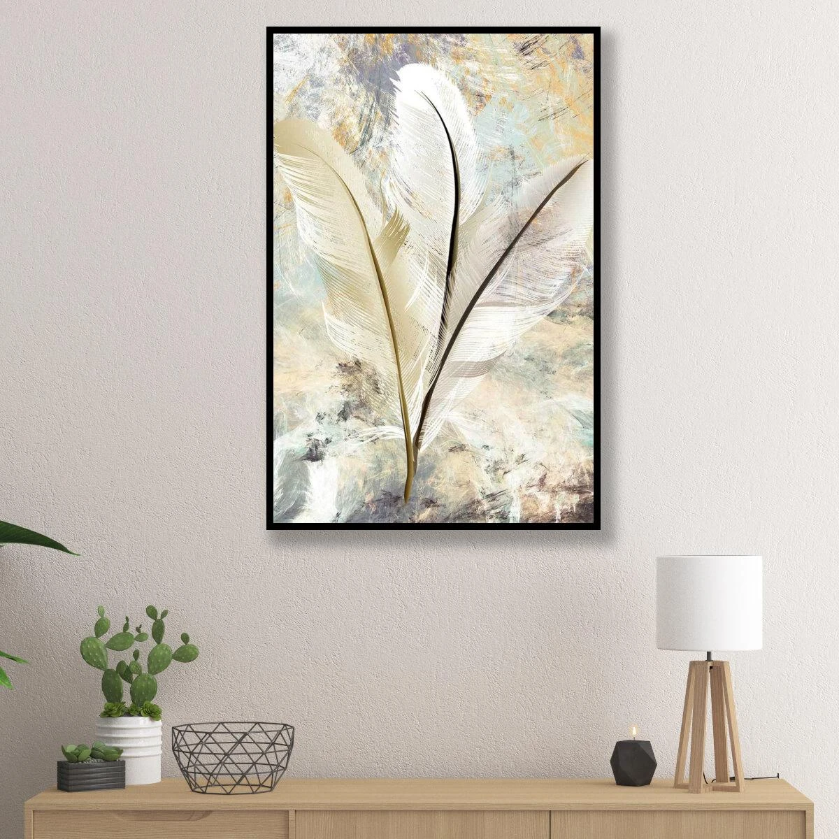 תמונה יפה לאורך של נוצות שמנת על קנבס או זכוכית לחדר שינה או לכניסה לבית דגם 3728433