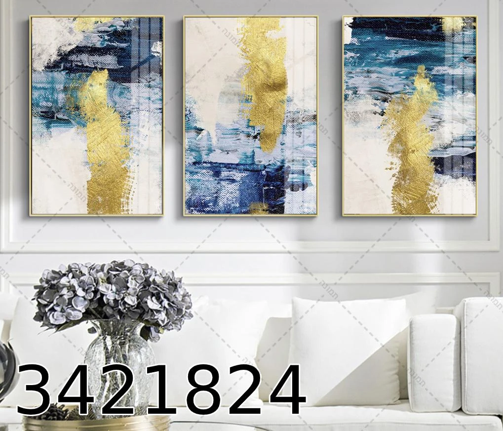 שלישית תמונות לתליה בסלון 'אבסטרקט אוקיינוס זהב' דגם 3421824