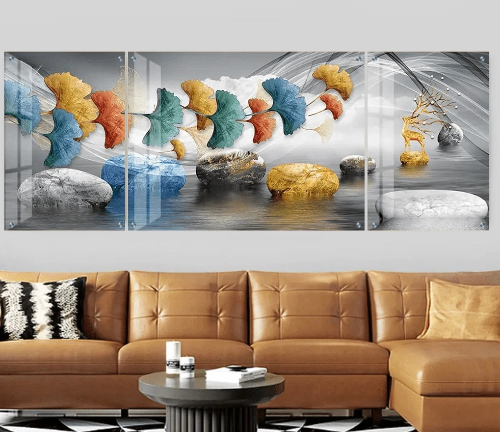 טרנדי: 3 תמונות זכוכית ים אבנים מודרני בגווני זהב, אפור, כחול, כתום לקליניקה - דגם g23944280