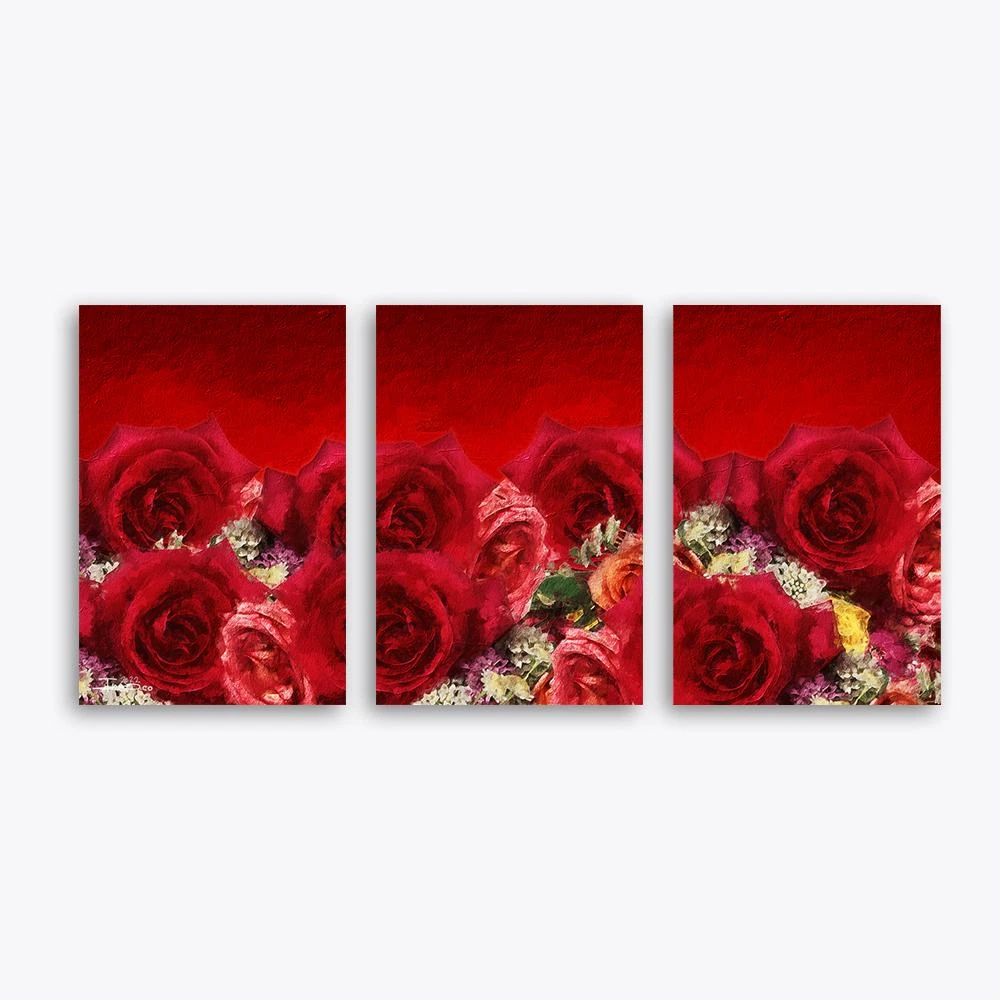 טריפל תמונות לסלון רומנטי אדום ומיוחד תמונת קנבס בנושא פרחים ועלים, ציורים - דגם alvtm46p2432