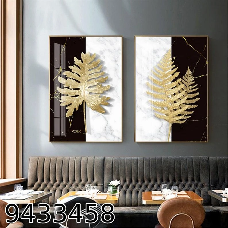 זוג תמונות זכוכית עלים בזהב שיש שחור לבן לתלייה בסלון או חדר שינה דגם 9433458