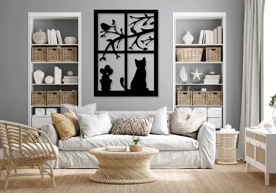 תמונות מתכת חתול בחלון פרחים ועלים דגם DS062472