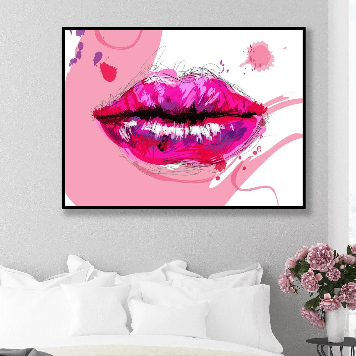 תמונה על זכוכית או קנבס - ציור של שפתיים לחדר שינה או חדר נוער בנות דגם 3728149
