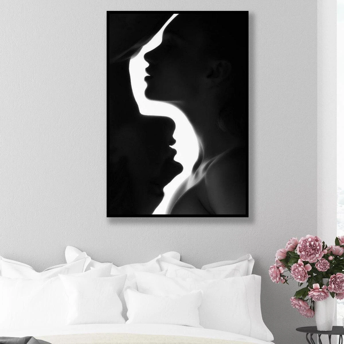 אמנות האהבה - תמונה זוגית בשחור לבן להדפסה על קנבס או זכוכית לחדר שינה תמונה לאורך דגם 3728538