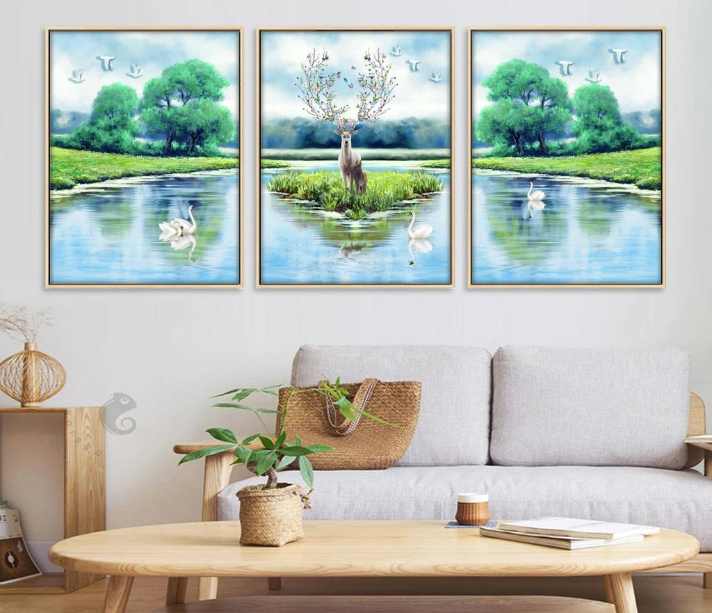 אייל באגם - סט תמונות של נוף מים ועצים ברבורים ואייל הדפסה על קנבס לסלון או לפינת אוכל דגם 3728480