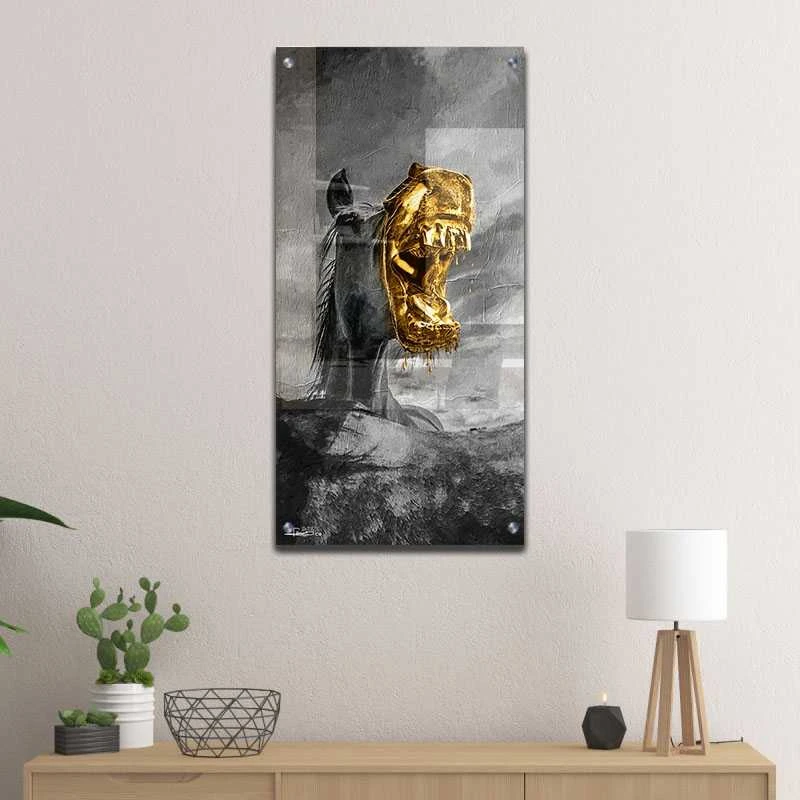 תמונת זכוכית לכניסה לבית סוּס ציור על זכוכית בגווני שחור, אפור, זהב - דגם galvtm46p2630