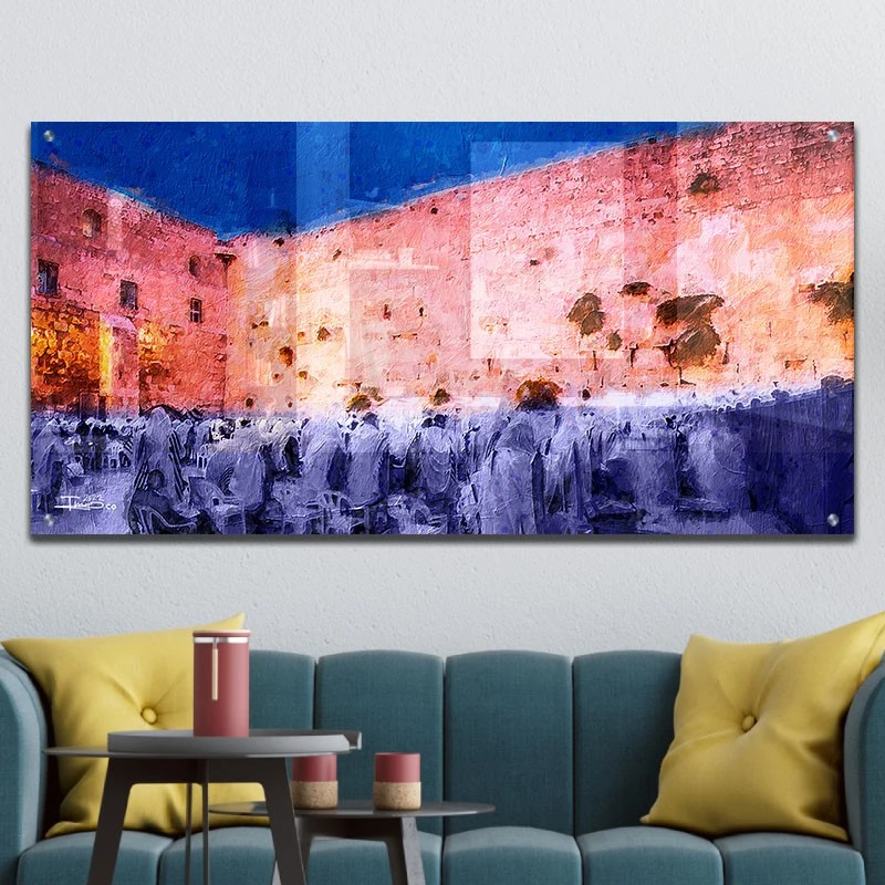 תמונת זכוכית של הכותל ירושלים לסלון הכותל בלילה תמונת אמנות פופולארית על זכוכית בגווני חום, זהב, כחול, חום - דגם galvtm46p2664