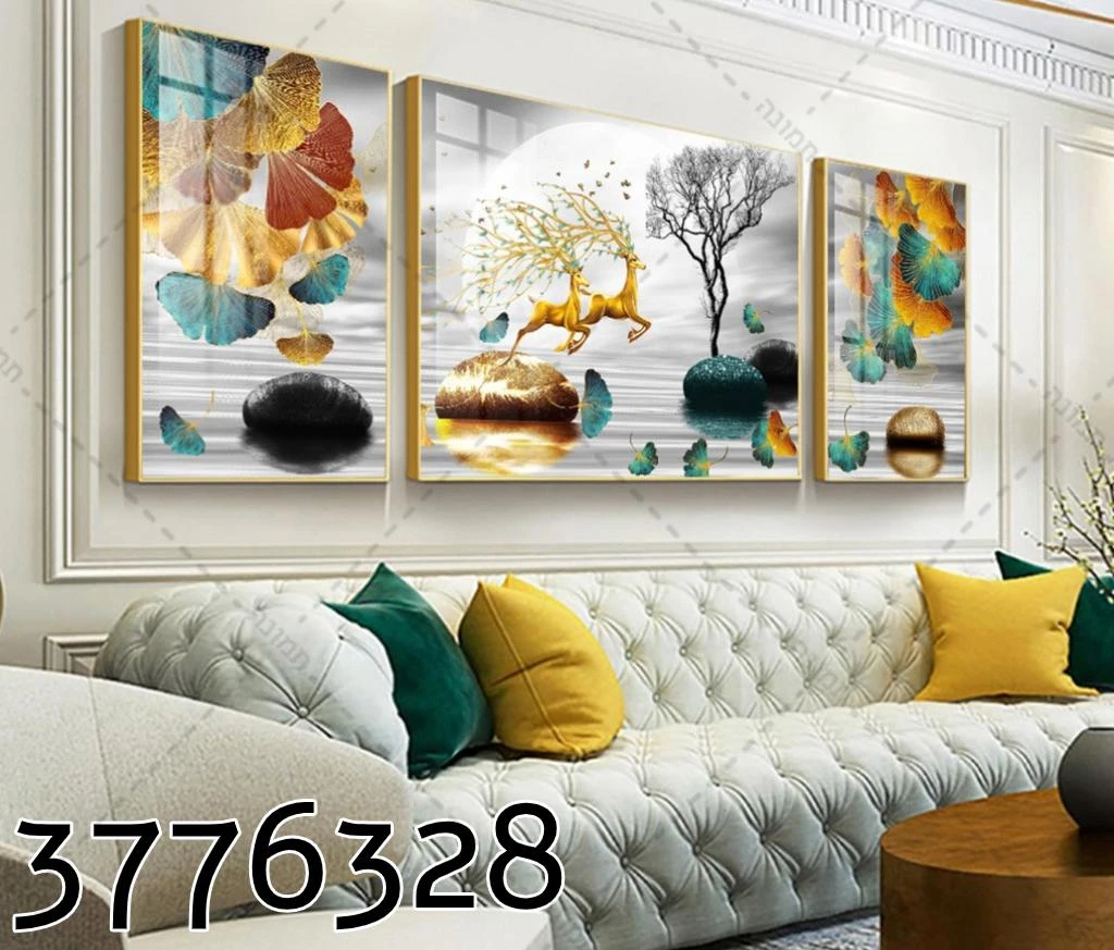 סט תמונות קנבס איילות ופרפרים לסלון דגם 3776328