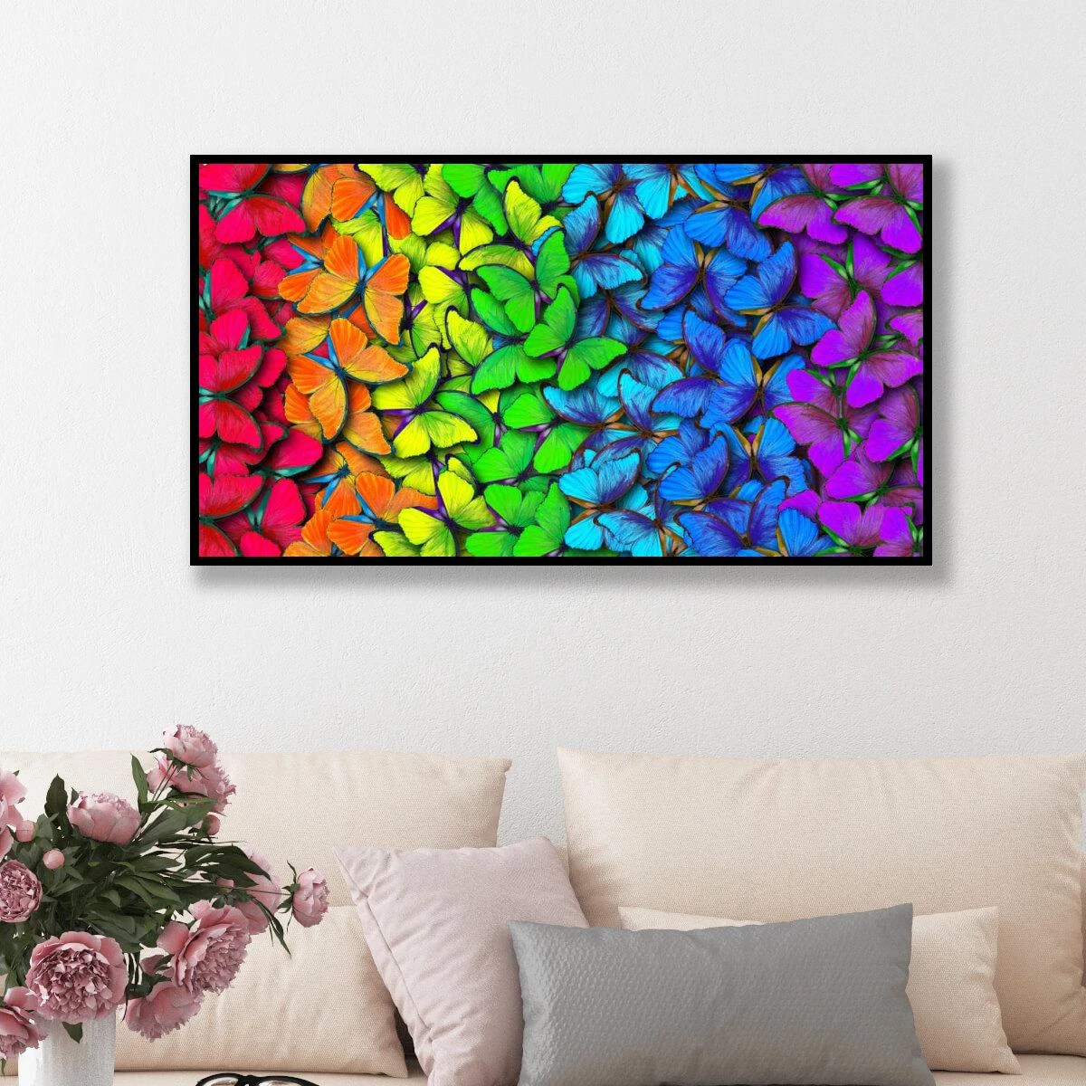 תמונה צבעונית של פרפרים בכל צבעי הקשת הדפסה על קנבס או זכוכית לסלון או לקליניקה דגם 3728457