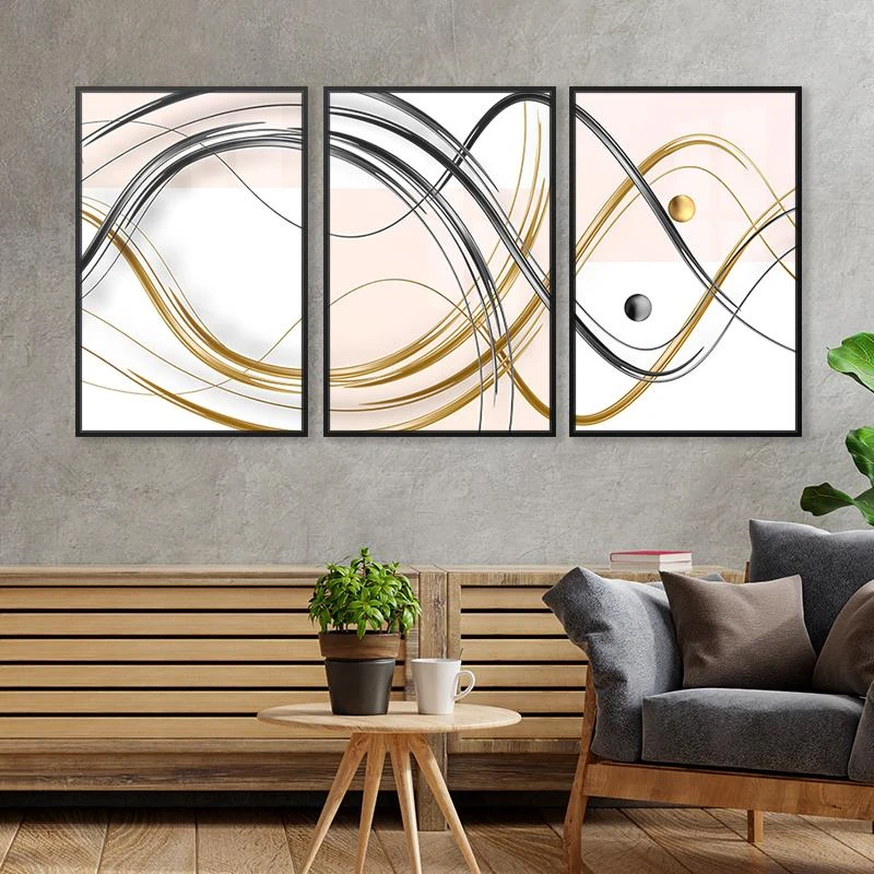מודרני שחור זהב על רקע בהיר שלישיית תמונות לסלון מודרניות מיוחדות מוכנות לתלייה דגם 135325C