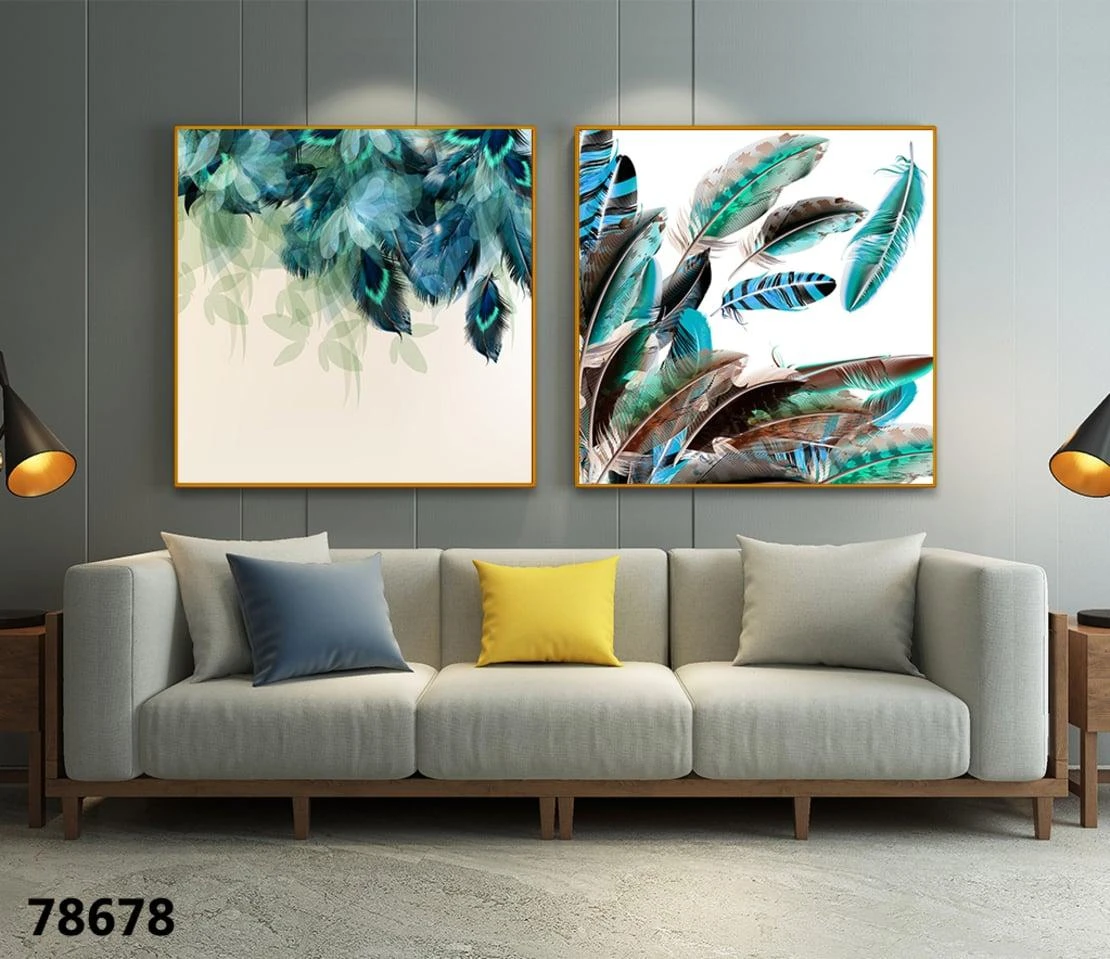 'מאה נוצות' זוג תמונות קנבס מרובעות לסלון בחלקים דגם 78678