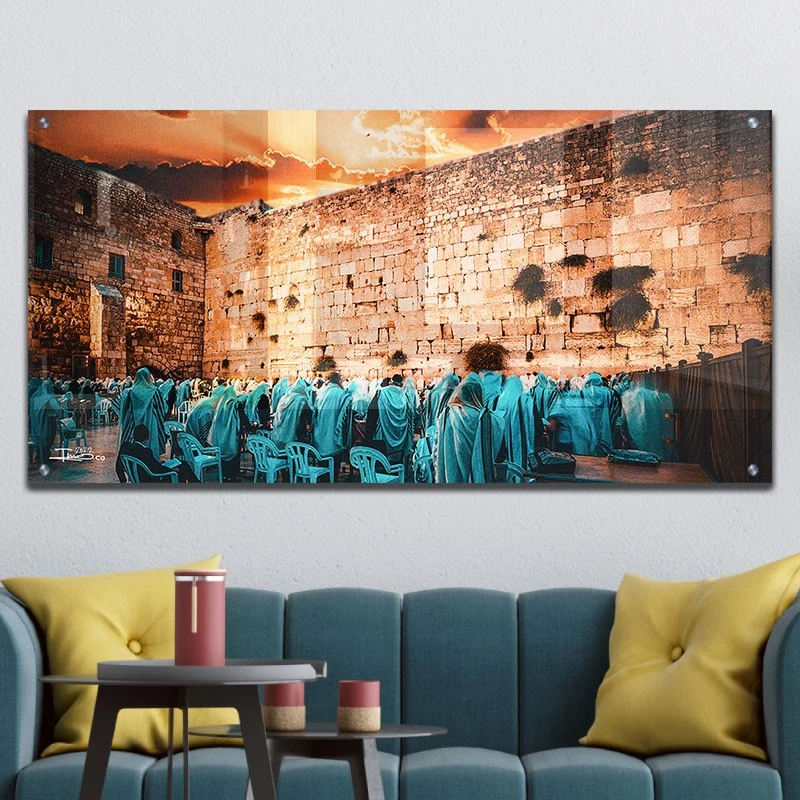 תמונת זכוכית של הכותל ירושלים למשרד הכותל בשקיעה תמונת אמנות פופולארית על זכוכית בגווני חום, זהב, טורקיז - דגם galvtm46p2662