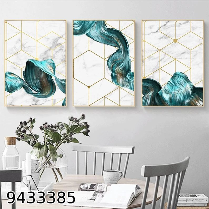 אבסטרקטי גיאומטרי - סט 3 תמונות גיאומטריות לפינת אוכל בגווני טורקיז זהב מק"ט 9433385