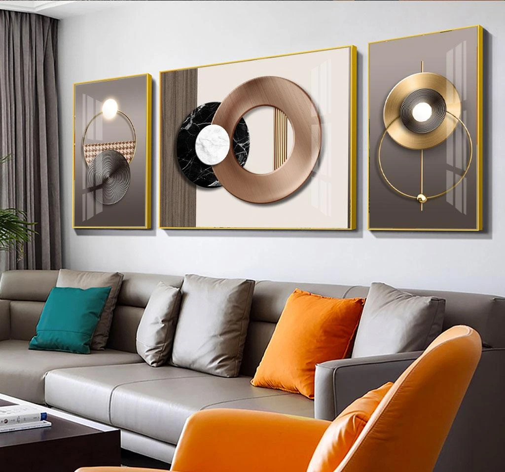סט 3 תמונות תלת ממד גיאומטריות בגווני זהב חום לסלון על קנבס דגם 3728476