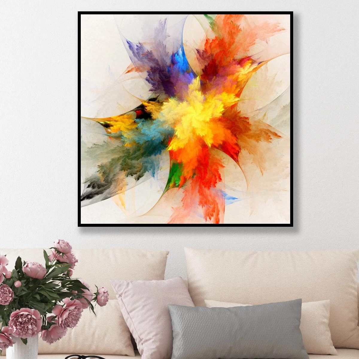 ציורים לסלון | פרחים צבעוניים תמונה על קנבס או זכוכית מודרנית מתאימה לקליניקה סלון או סטודיו דגם 3728464
