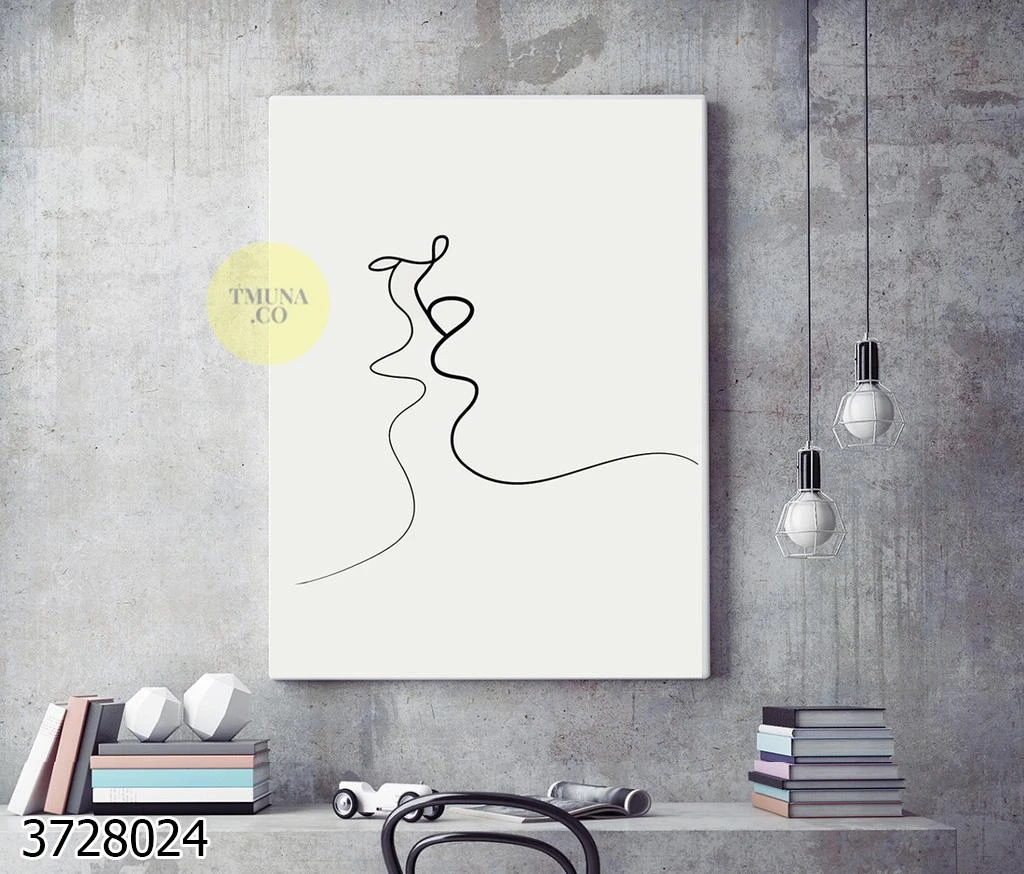 נשיקה | תמונות קו על קנבס | בסגנון מינימליסטי שחור לבן לחדר השינה דגם 3728024-1