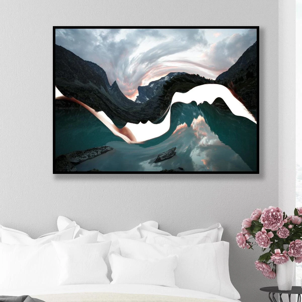 שני עולמות מתחברים - תמונה זוגית מעוררת השראה לחדר שינה על קנבס וזכוכית דגם 3728544