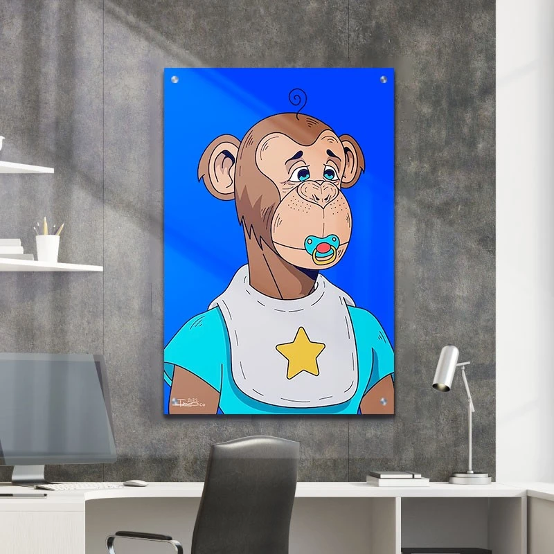 קוף תינוק תמונת זכוכית למשרד בגווני כחול, חום, אפור הדפסה על זכוכית בעלי חיים - דגם alvtm46p2752