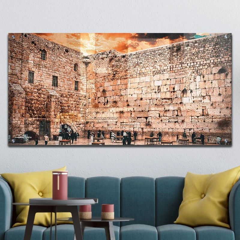 תמונת זכוכית הכותל ירושלים לסלון כותל קלאב תמונת אמנות פופולארית על זכוכית בגווני צבעוני, ורוד, כתום, ירוק - דגם galvtm46p2656