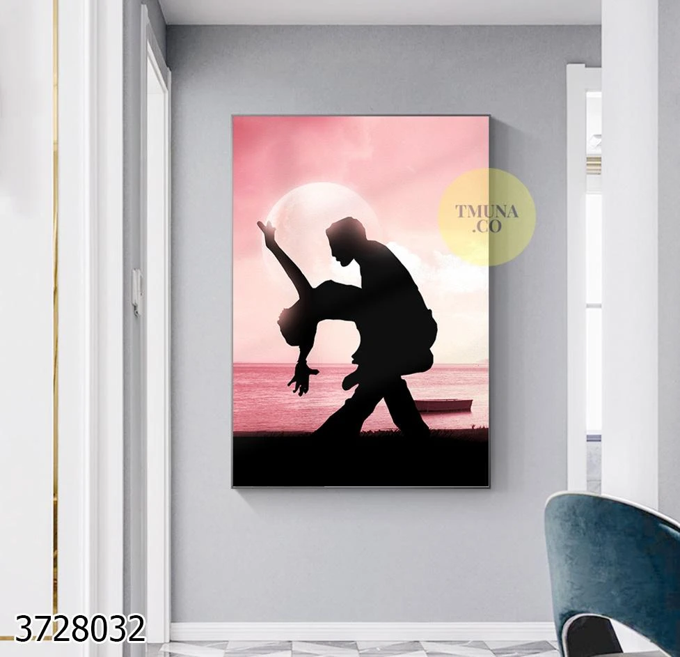 ריקוד אוהבים על רקע שקיעה ורודה תמונה של רקדנים על קנבס לתלייה בחדר שינה דגם 3728032