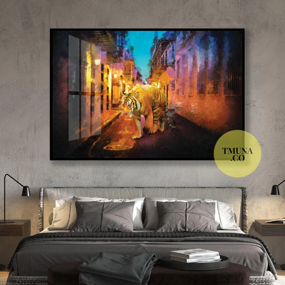 נמר בשדרה - ציור מגניב של בעל חיים על קנבס או זכוכית לחדרי שינה גברים או משרדים דגם 3728635