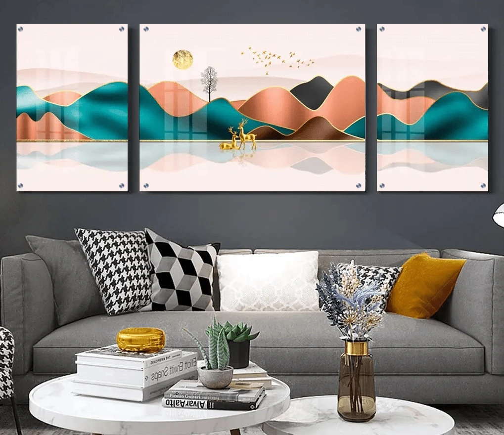 טרנדי: 3 תמונות זכוכית נופים טורקיז חום כתום בגווני כחול, אפור, כתום לחדר שינה - דגם g25169793