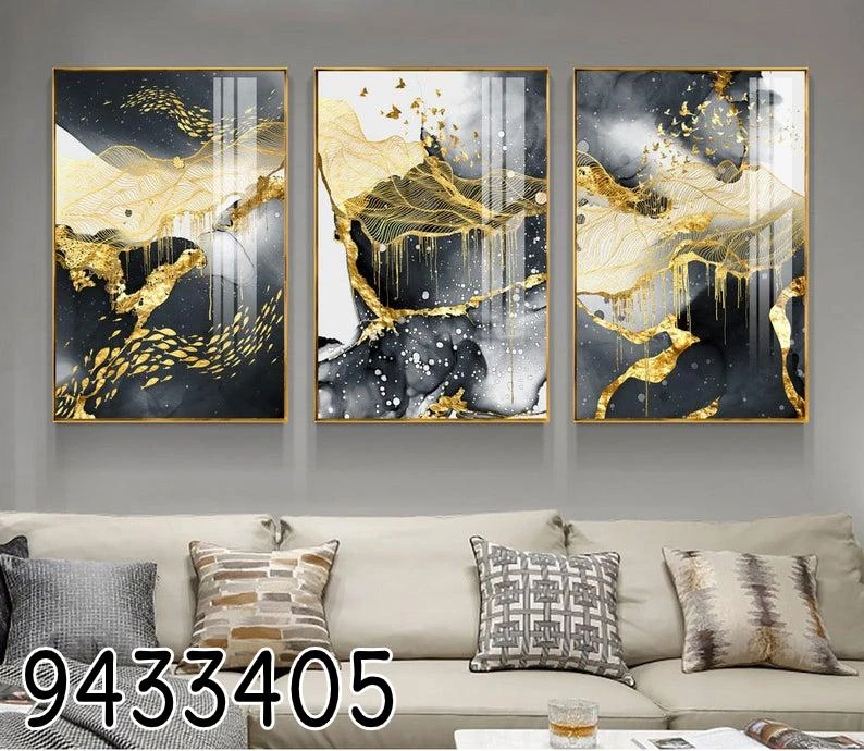 אבסטרקט זהב - סט תמונות זכוכית לתלייה לבית ולמשרד דגם 9433405