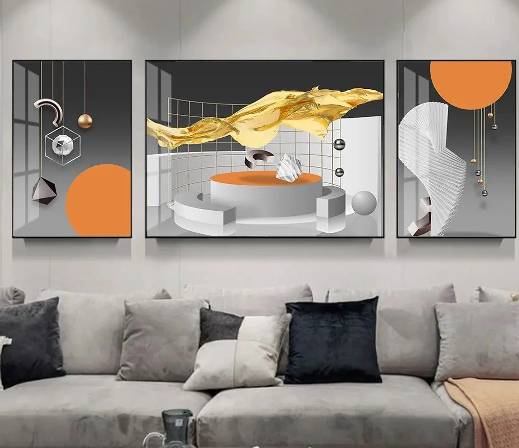 סט 3 תמונות קנבס מחולקות תלת מימד על רקע כהה ואלמנט זהב עיצוב מיוחד גיאומטריות לסלון - דגם 24037110