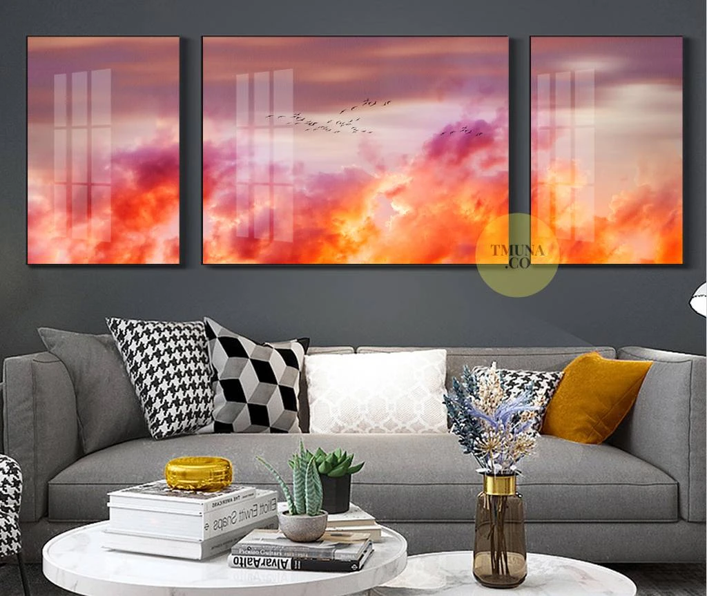 אלוהות בשמיים - סט 3 תמונות מחולקות של עננים הדפסה על זכוכית לסלון או למשרד דגם 3728523