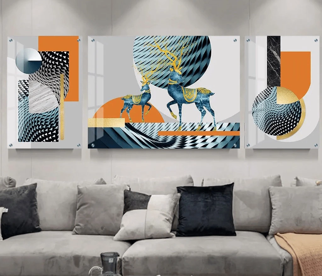 טרנדי: 3 תמונות זכוכית איילות טורקיז בגווני כתום, כחול, אפור לסלון - דגם g24028748