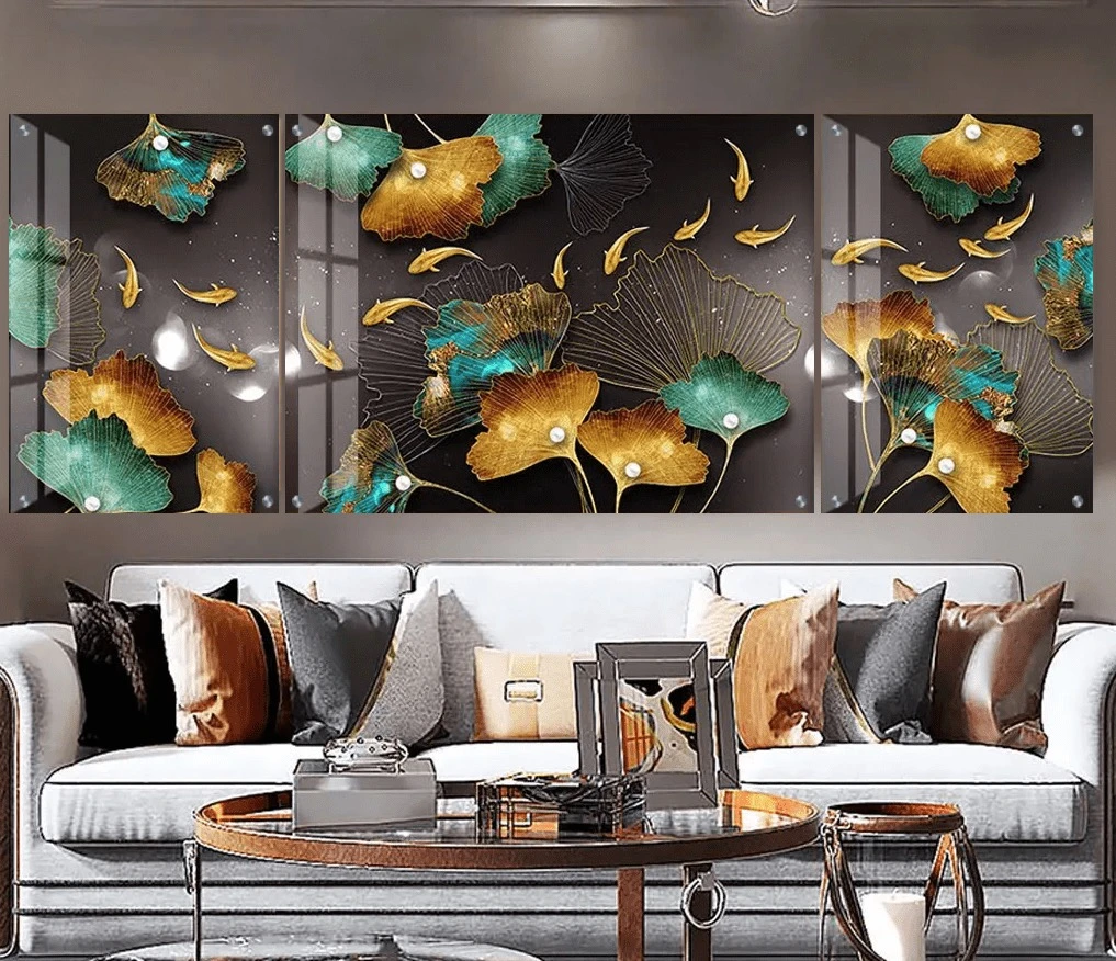 טרנדי: 3 תמונות זכוכית דגים על רקע כהה בגווני שחור, זהב, טורקיז לסלון - דגם g23954221