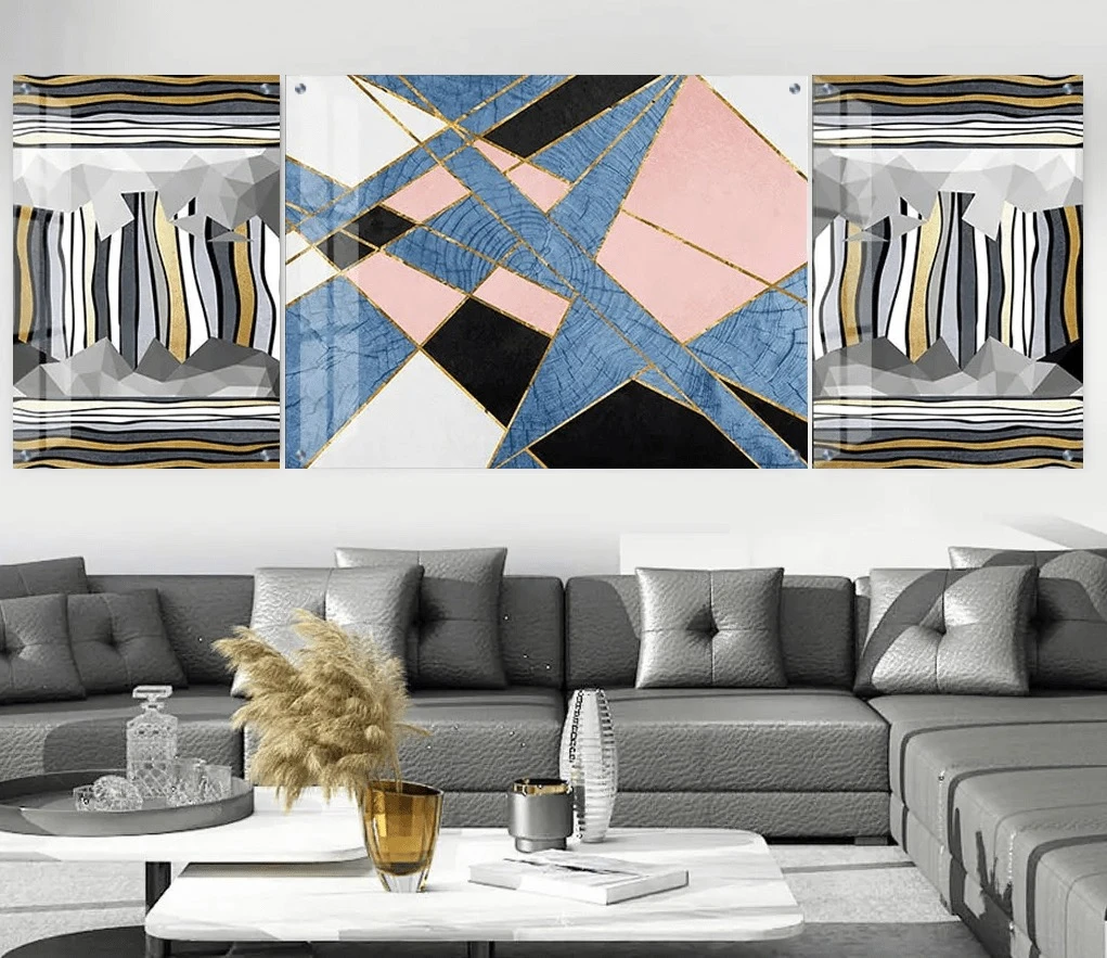 טרנדי: 3 תמונות זכוכית גיאומטרי ורוד טורקיז בגווני ורוד, כחול, שחור, אפור למטבח - דגם g23932602