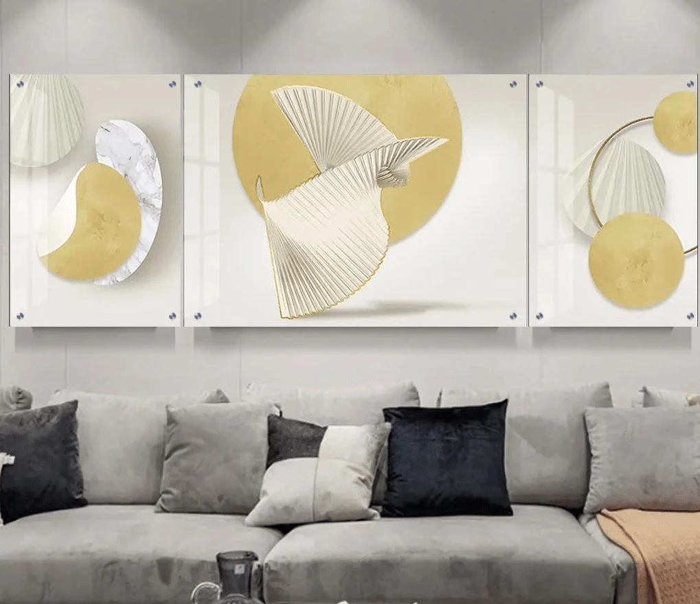 טרנדי: 3 תמונות זכוכית סט שלוש תמונות תלת מימד II בגווני זהב, אפור לסלון - דגם g24018125